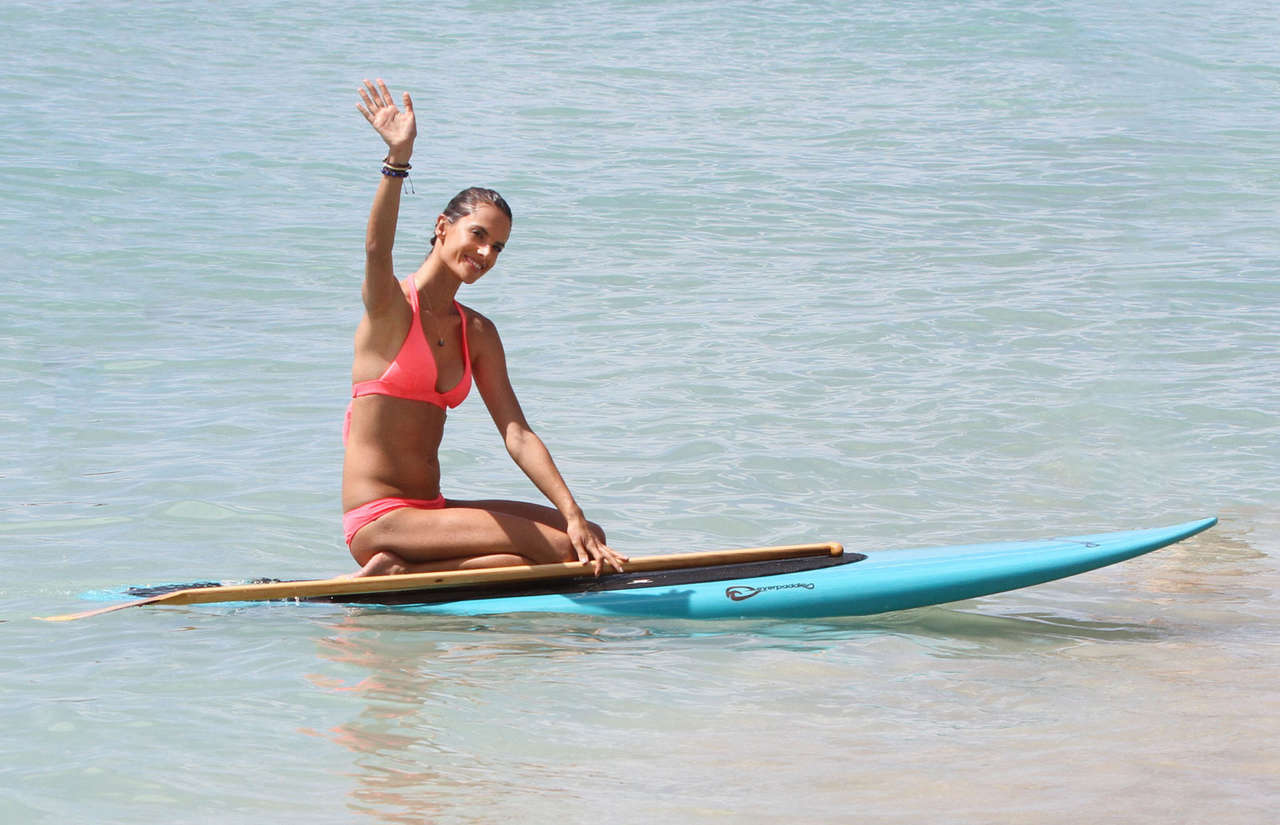 Alessandra Ambrosio Paddleboarding On Beach