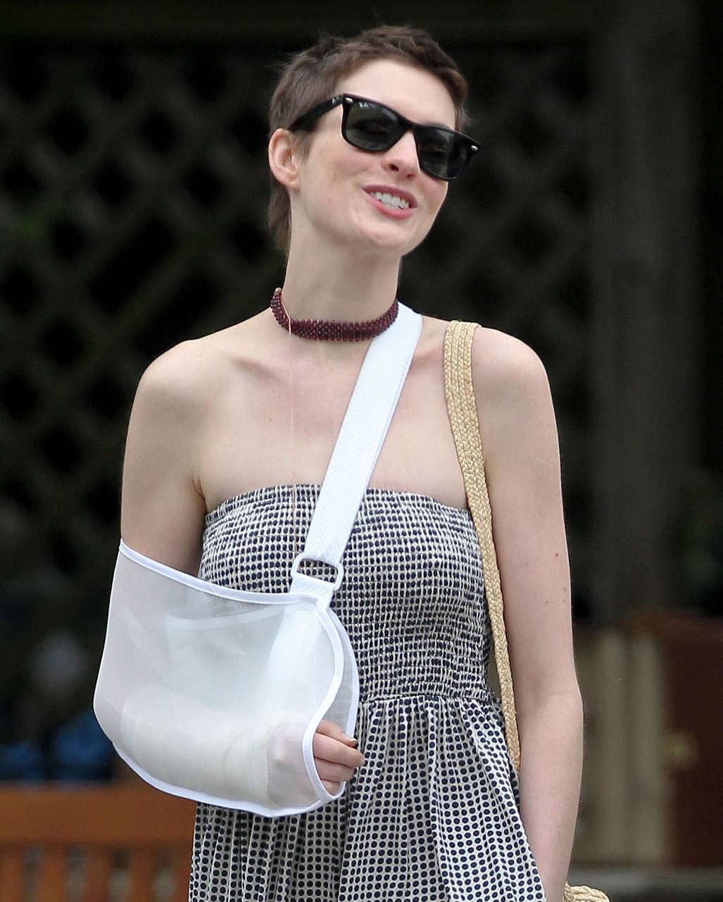 Anne Hathaway Wears An Arm Sling Out About Brooklyn