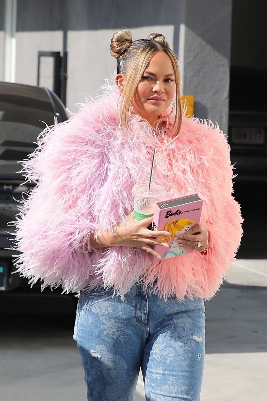 Chrissy Teigen Pink Feathered Sweater Denim Out Los Angeles