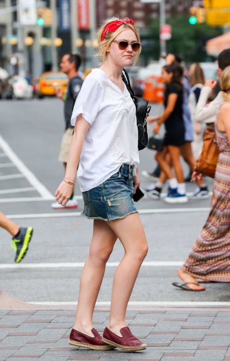 Dakota Fanning Denim Shorts Out New York