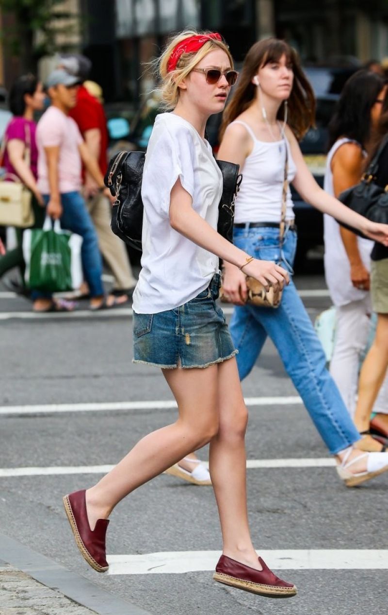 Dakota Fanning Denim Shorts Out New York