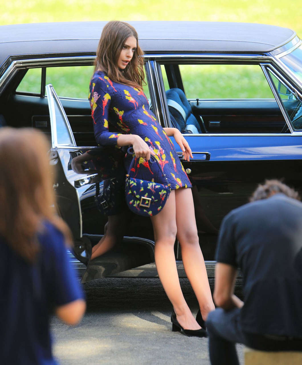 Emily Ratajkowski Set Of Photoshoot With 1968 Cadillac Fleetwood