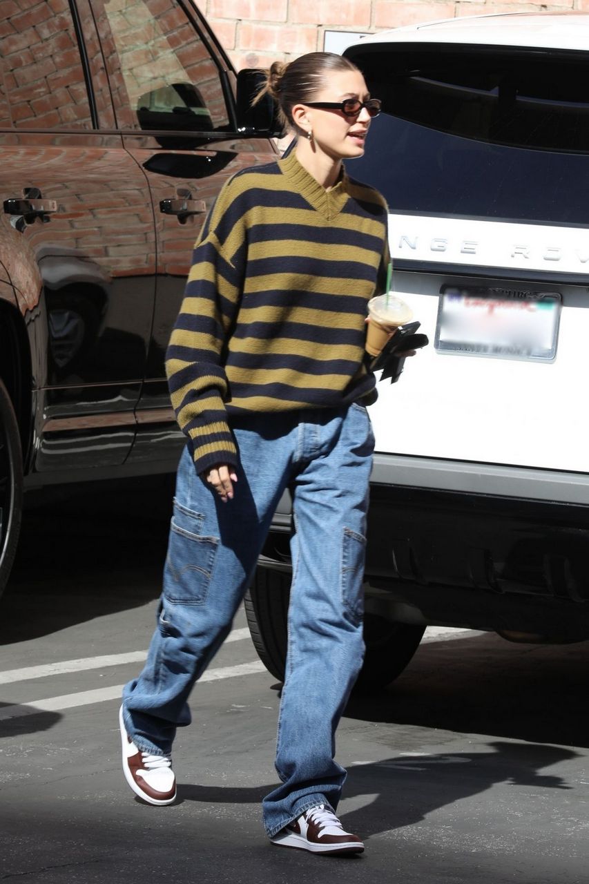 Hailey Bieber Justin S Jeans And Striped Top Out Los Angeles