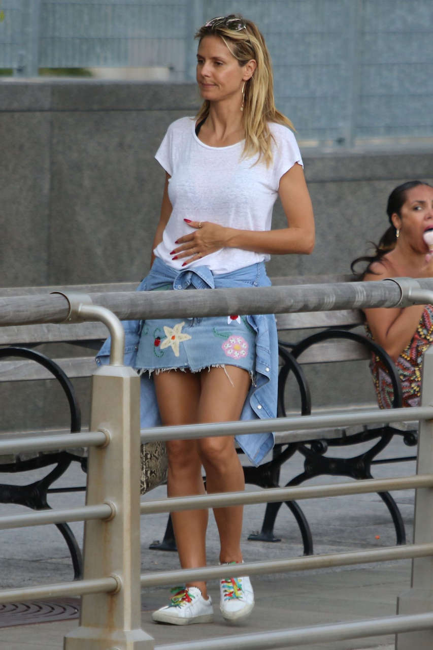 Heidi Klum Denim Skirt Out New York