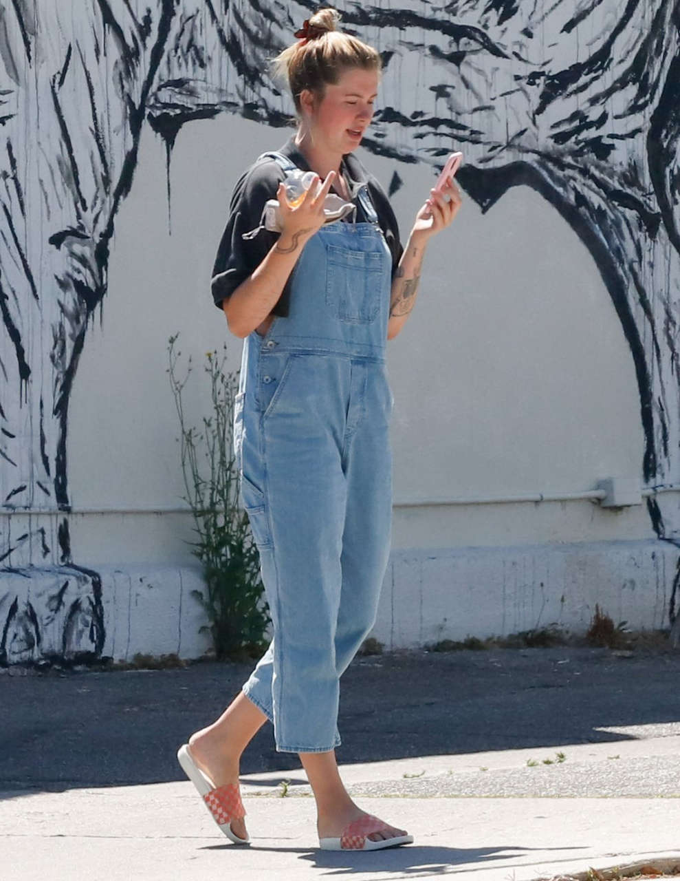 Ireland Baldwin Denim Overalls Out For Iced Coffee Los Angeles