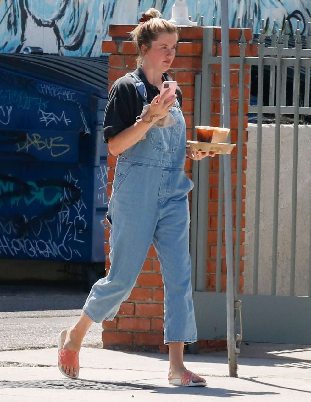Ireland Baldwin Denim Overalls Out For Iced Coffee Los Angeles