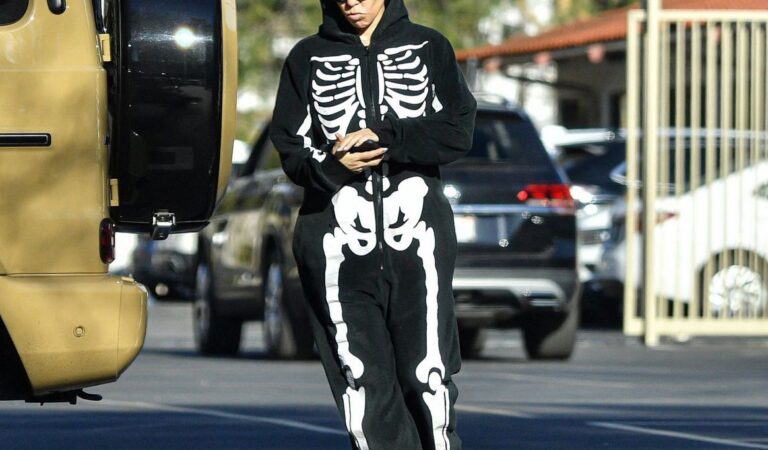 Kourtney Kardashian Skeleton Onesie Out Calabasas (7 photos)