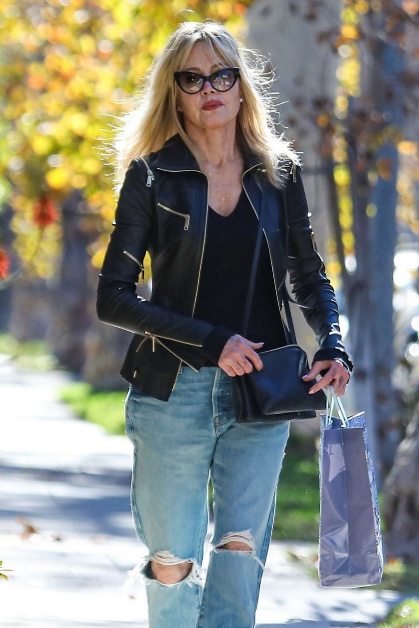 Melanie Griffith Ripped Denim Leather Jacket Out Beverly Hills