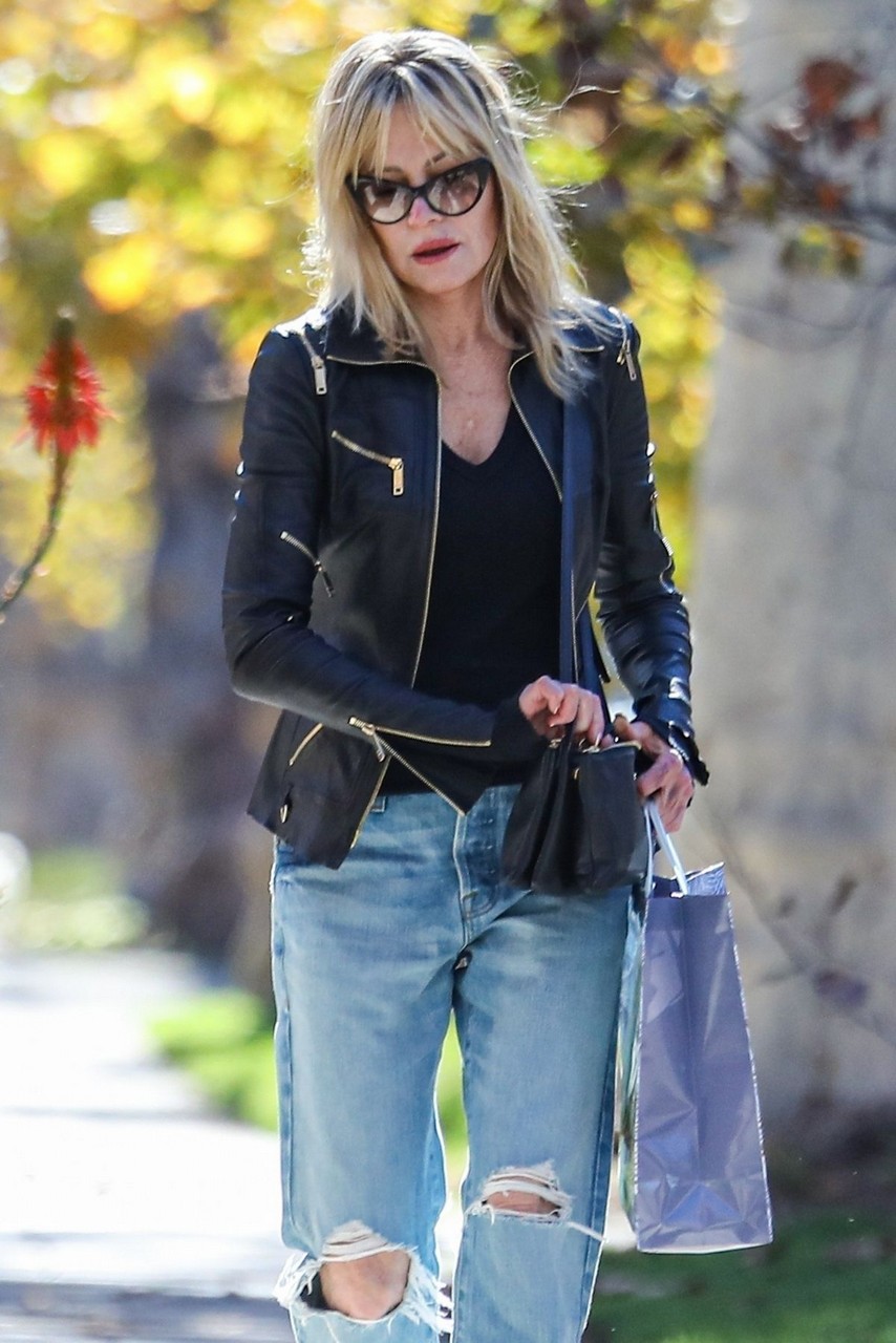 Melanie Griffith Ripped Denim Leather Jacket Out Beverly Hills