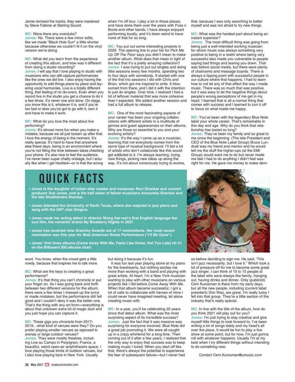 Norah Jones Music Connection Magazine May