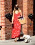 Olivia Palermo Red Summer Dress Out With Her Dog Brooklyn