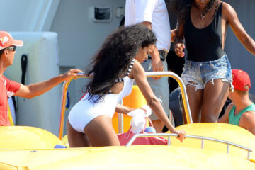 Rihanna White Swimsuit Poseing Boat Cannes