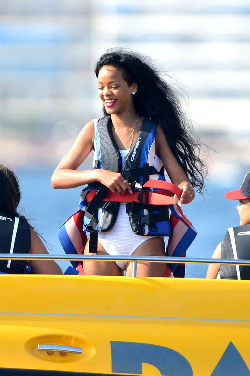 Rihanna White Swimsuit Poseing Boat Cannes