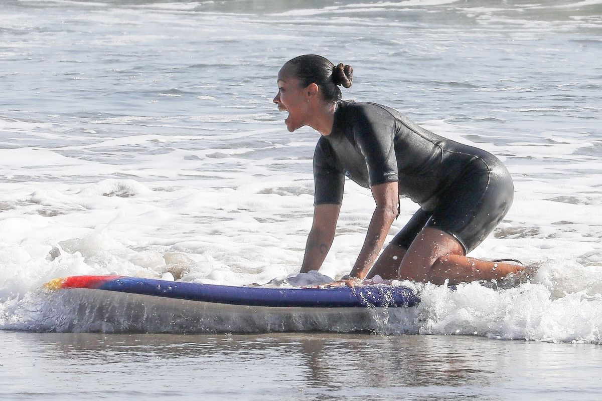 Zoe Saldana Wetsuit Surf Session Malibu